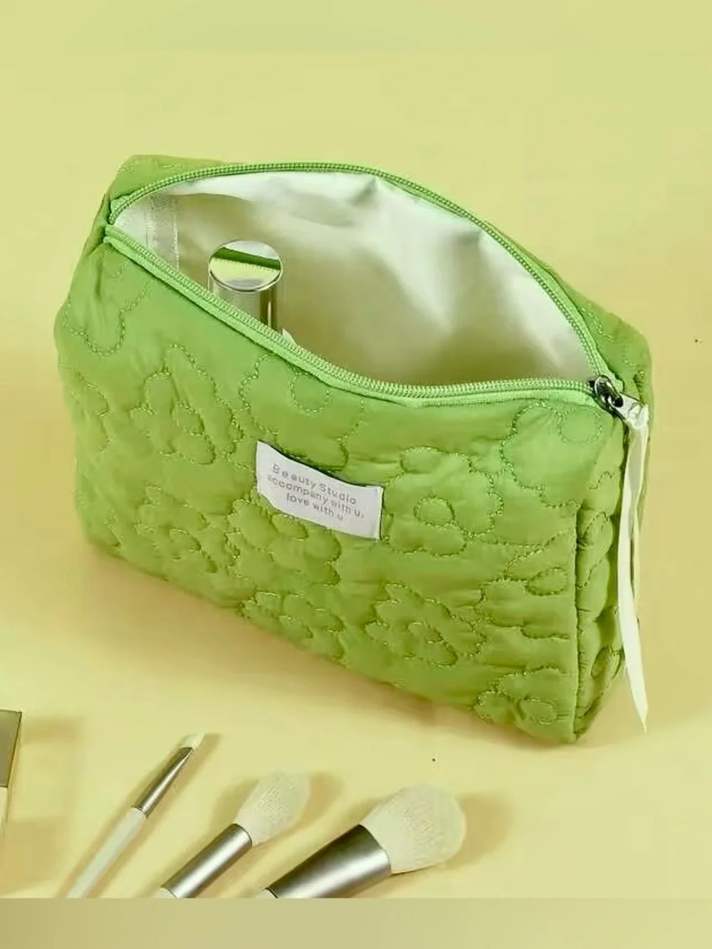 Large Green Quilted Pink Floral Women’s Makeup Toiletries Cosmetic Organizer Bag